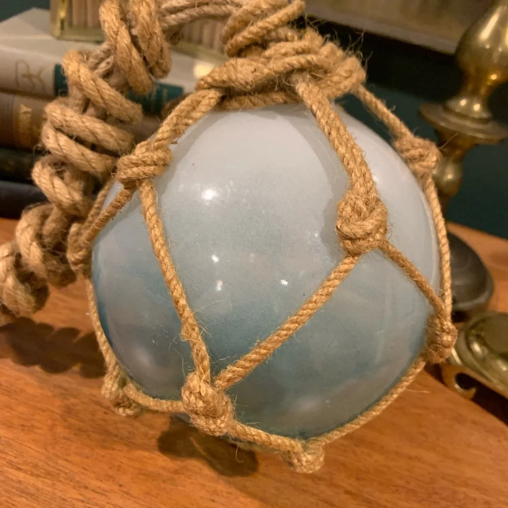 Coastal Turquoise Blue White Glass Buoy Ball Fishing Float Rope Wrapped